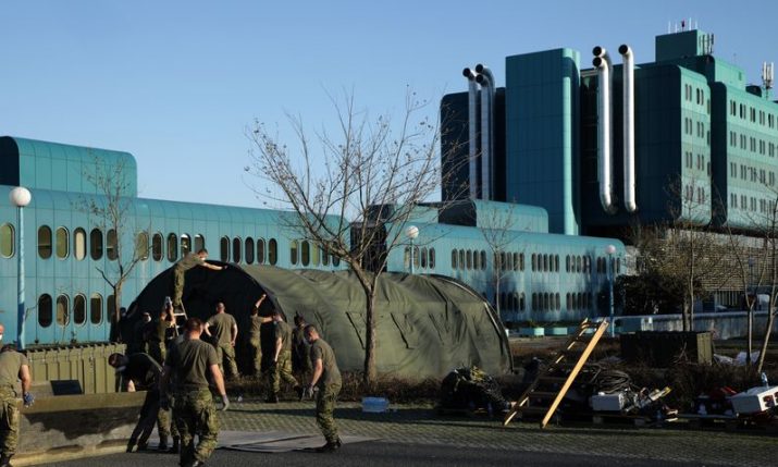 Croatian army erecting medical tent camp outside Zagreb hospital