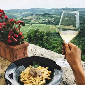 Istrian Malvasia served with pasta with truffles in Konoba Fakin, Motovun, Istria