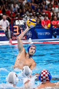 Luka Bukic of Croatia during the water polo men semifinal match between team Hungary (white caps) and team Croatia (blue caps) of the Paris 2024 Olympic Games at La Defense Arena in Paris (France), August 09, 2024.