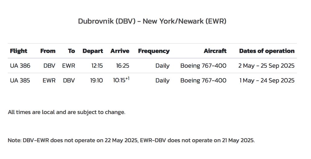 United Airlines to NY from Dubrovnik schedule 